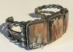 Vintage Navajo Indian Heavy Silver Gorgeous Petrified Wood Cuff Bracelet