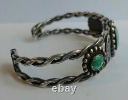 Vintage Navajo Indian Pounded Twisted Wire Silver Turquoise Cuff Bracelet