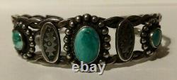 Vintage Navajo Indian Pounded Twisted Wire Silver Turquoise Cuff Bracelet