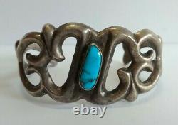 Vintage Navajo Indian Sandcast Silver Turquoise Cuff Bracelet