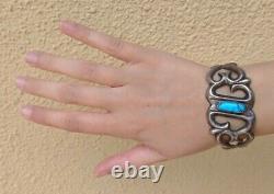 Vintage Navajo Indian Sandcast Silver Turquoise Cuff Bracelet