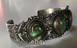 Vintage Navajo Indian Silver And Turquoise Cuff Bracelet