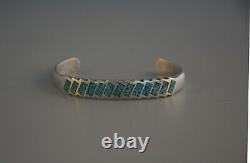 Vintage Navajo Indian Silver Bracelet Slanted Turquoise Inlay 6 1/4