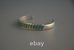 Vintage Navajo Indian Silver Bracelet Slanted Turquoise Inlay 6 1/4