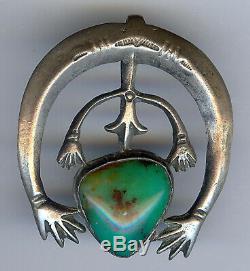 Vintage Navajo Indian Silver & Green Turquoise Double Hands Naja Pendant