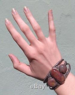 Vintage Navajo Indian Silver Petrified Wood Agate Cuff Bracelet