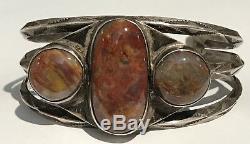 Vintage Navajo Indian Silver Petrified Wood Agate Cuff Bracelet