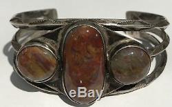 Vintage Navajo Indian Silver Petrified Wood Agate Cuff Bracelet