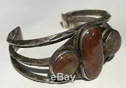 Vintage Navajo Indian Silver Petrified Wood Agate Cuff Bracelet