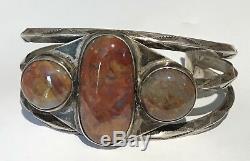 Vintage Navajo Indian Silver Petrified Wood Agate Cuff Bracelet