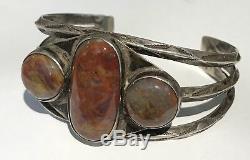 Vintage Navajo Indian Silver Petrified Wood Agate Cuff Bracelet