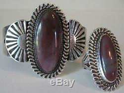 Vintage Navajo Indian Silver & Petrified Wood Cuff Bracelet & Ring Set