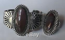 Vintage Navajo Indian Silver & Petrified Wood Cuff Bracelet & Ring Set