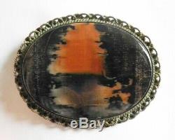 Vintage Navajo Indian Silver Petrified Wood Scenic Pin Landscape Brooch 1930s 40