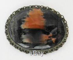 Vintage Navajo Indian Silver Petrified Wood Scenic Pin Landscape Brooch 1930s 40