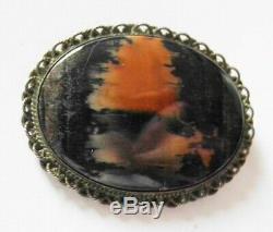 Vintage Navajo Indian Silver Petrified Wood Scenic Pin Landscape Brooch 1930s 40