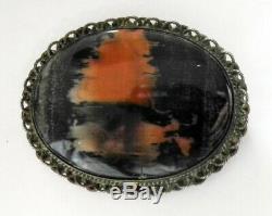 Vintage Navajo Indian Silver Petrified Wood Scenic Pin Landscape Brooch 1930s 40