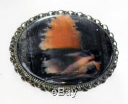 Vintage Navajo Indian Silver Petrified Wood Scenic Pin Landscape Brooch 1930s 40