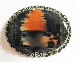 Vintage Navajo Indian Silver Petrified Wood Scenic Pin Landscape Brooch 1930s 40