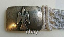 Vintage Navajo Indian Silver Peyote Bird Buckle On White Macrame Belt