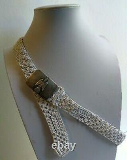 Vintage Navajo Indian Silver Peyote Bird Buckle On White Macrame Belt