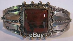 Vintage Navajo Indian Silver Red Petrified Wood Agate Cuff Bracelet