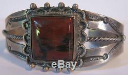 Vintage Navajo Indian Silver Red Petrified Wood Agate Cuff Bracelet