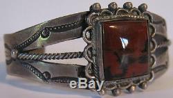 Vintage Navajo Indian Silver Red Petrified Wood Agate Cuff Bracelet