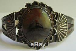 Vintage Navajo Indian Silver Scenic Arizona Rainbow Petrified Wood Cuff Bracelet