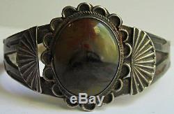 Vintage Navajo Indian Silver Scenic Arizona Rainbow Petrified Wood Cuff Bracelet