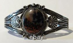 Vintage Navajo Indian Silver Scenic Petrified Wood Cuff Bracelet