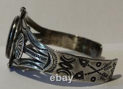 Vintage Navajo Indian Silver Scenic Petrified Wood Cuff Bracelet