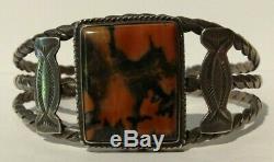 Vintage Navajo Indian Silver Scenic Petrified Wood Twisted Wire Cuff Bracelet