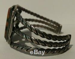 Vintage Navajo Indian Silver Scenic Petrified Wood Twisted Wire Cuff Bracelet