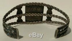 Vintage Navajo Indian Silver Scenic Petrified Wood Twisted Wire Cuff Bracelet