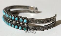 Vintage Navajo Indian Silver Snake Eye Turquoise Double Row Cuff Bracelet