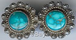 Vintage Navajo Indian Silver Spiderweb Turquoise Double Circle Pin Brooch