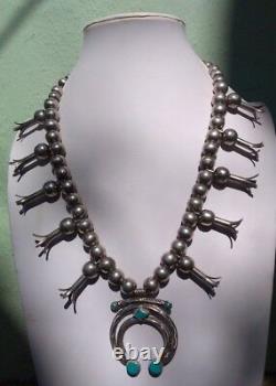 Vintage Navajo Indian Silver Squash Blossom Blue Gem Turquoise Naja Necklace