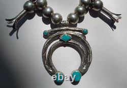 Vintage Navajo Indian Silver Squash Blossom Blue Gem Turquoise Naja Necklace