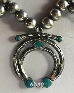 Vintage Navajo Indian Silver Squash Blossom Blue Gem Turquoise Naja Necklace