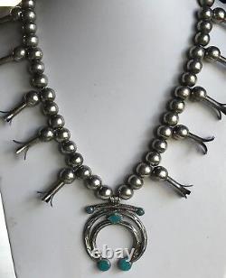 Vintage Navajo Indian Silver Squash Blossom Blue Gem Turquoise Naja Necklace