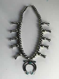 Vintage Navajo Indian Silver Squash Blossom Blue Gem Turquoise Naja Necklace