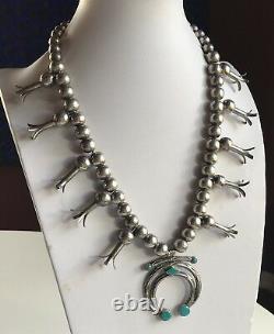 Vintage Navajo Indian Silver Squash Blossom Blue Gem Turquoise Naja Necklace