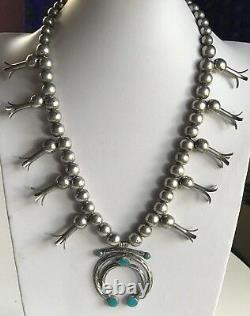 Vintage Navajo Indian Silver Squash Blossom Blue Gem Turquoise Naja Necklace