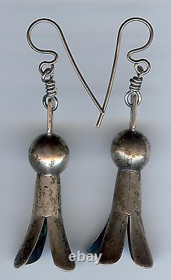 Vintage Navajo Indian Silver Squash Blossom Dangle Pierced Earrings