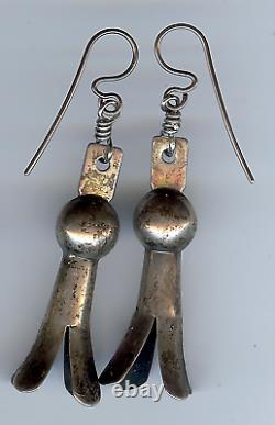 Vintage Navajo Indian Silver Squash Blossom Dangle Pierced Earrings
