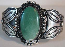 Vintage Navajo Indian Silver Stamped Arrows Green Turquoise Cuff Bracelet