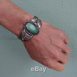 Vintage Navajo Indian Silver Stamped Arrows Green Turquoise Cuff Bracelet