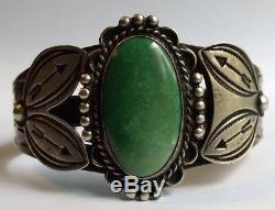 Vintage Navajo Indian Silver Stamped Arrows Green Turquoise Cuff Bracelet