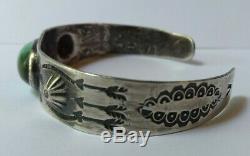 Vintage Navajo Indian Silver Stamped Arrows Turquoise Cuff Bracelet